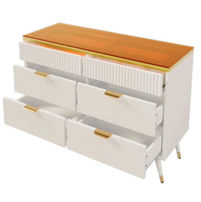 White Sideboard Cabinet – Modern 6 Drawer Dresser with Glass Detail for Living Room