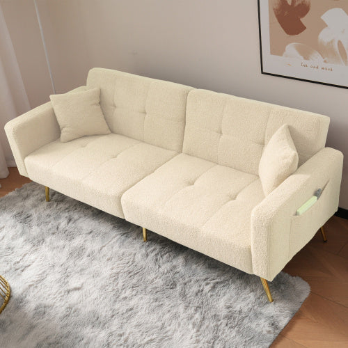 Modern Beige Sofa Bed – Adjustable Backrest Couch with Cushions and Side Pockets