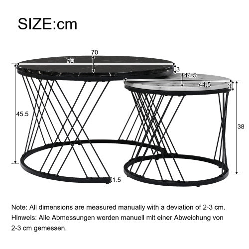 Set of 2 Round Marble Coffee Tables – Modern Black Metal Frame Nesting Tables