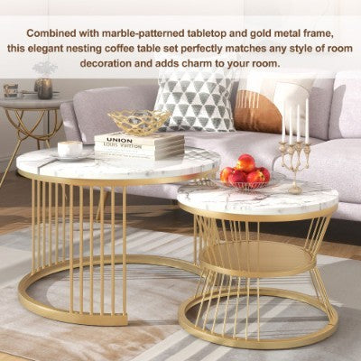Set of 2 Round Marble Coffee Tables – Modern Nesting Tables with Gold Metal Frame
