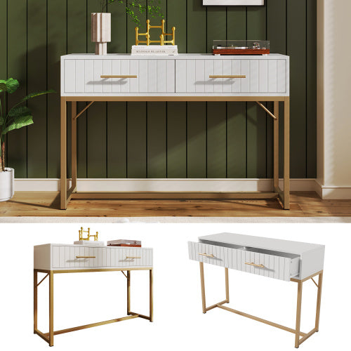 Modern White Dressing Table – Bedroom Chest with 2 Drawers and Gold Legs