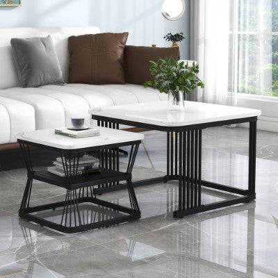 Set of 2 Square Coffee Tables – Modern Nesting Tables with Black Metal Frame