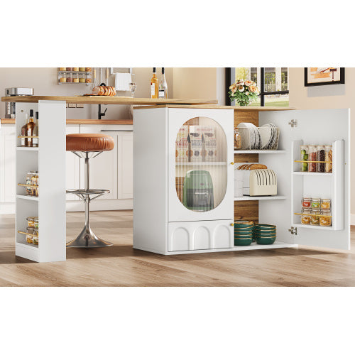 360 Rotating Bar Table – Modern White Kitchen Island with Storage Shelves and Doors