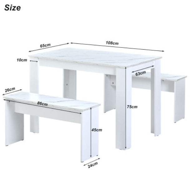 White Dining Table with 2 Benches – Modern Small Space Kitchen Table Set