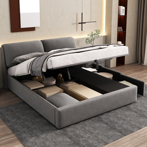 Upholstered King Size Bed with Storage Drawers & Padded Headboard – Grey Velvet Frame