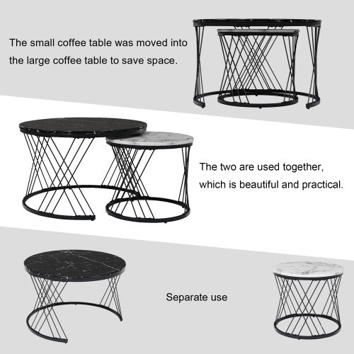 Set of 2 Round Marble Coffee Tables – Modern Black Metal Frame Nesting Tables