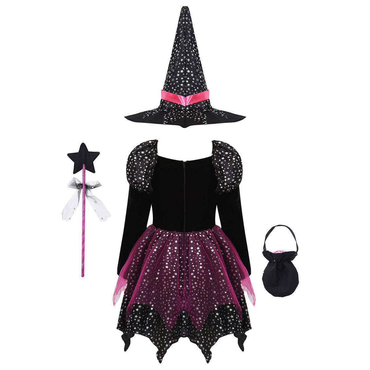 Kids Witch Halloween Costume – Purple Dress with Hat & Trick-or-Treat Bag