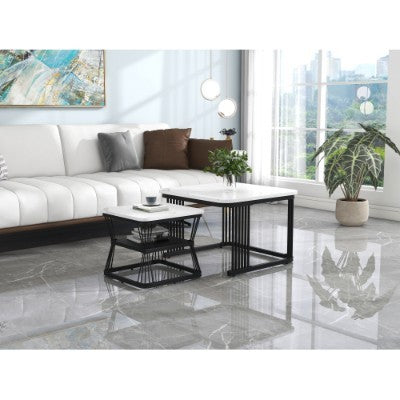 Set of 2 Square Coffee Tables – Modern Nesting Tables with Black Metal Frame