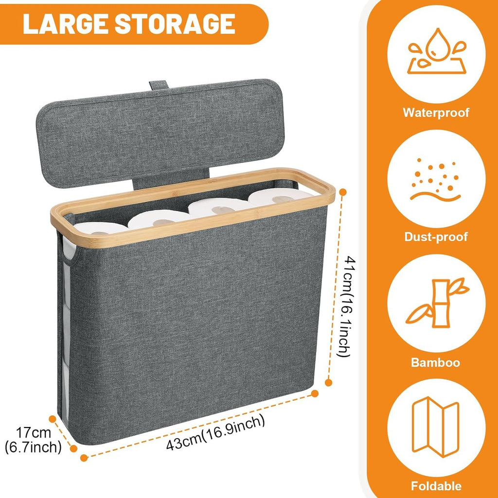 Toilet Paper Storage Basket with Lid – Bamboo Bathroom Organizer Box with Handle