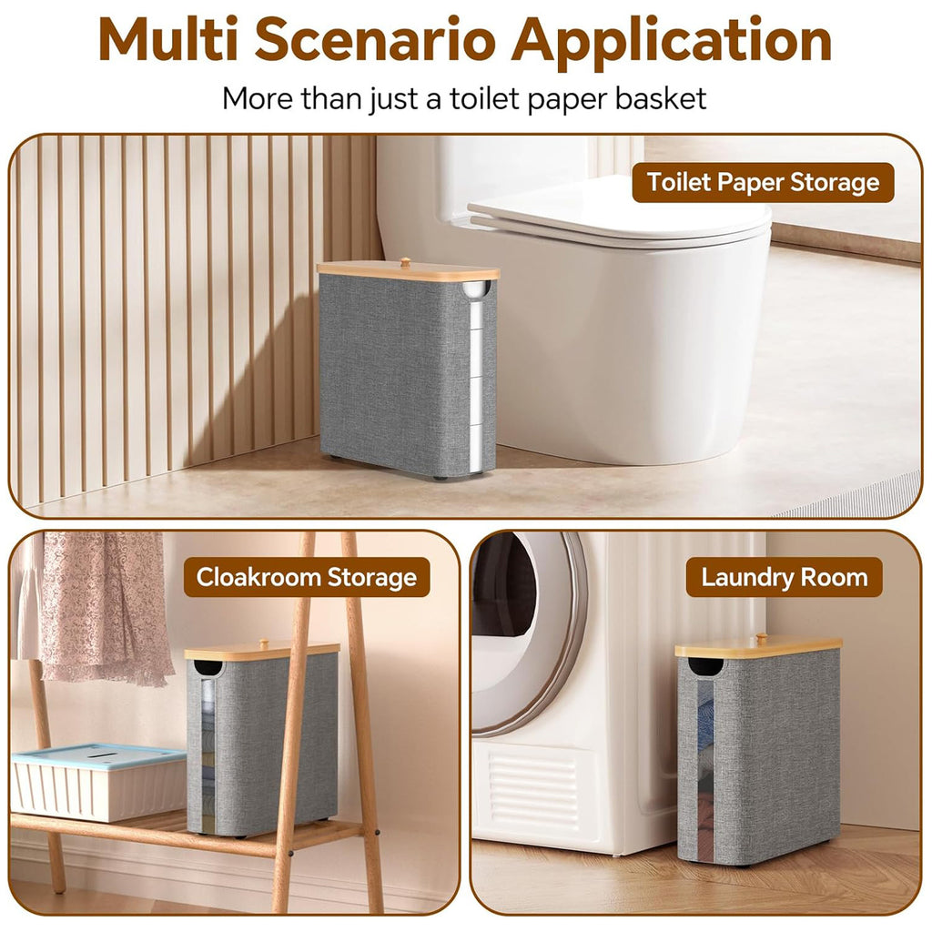 Toilet Paper Storage Basket with Lid – Bamboo Bathroom Organizer Box with Handle