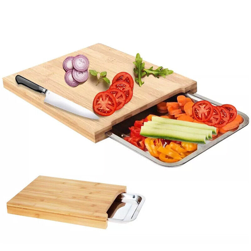 Bamboo Wooden Chopping Board with Sliding Stainless Steel Tray
