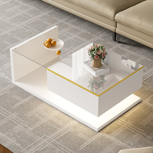 Modern White Coffee Table – High Gloss Design with Glass Top and LED Effect