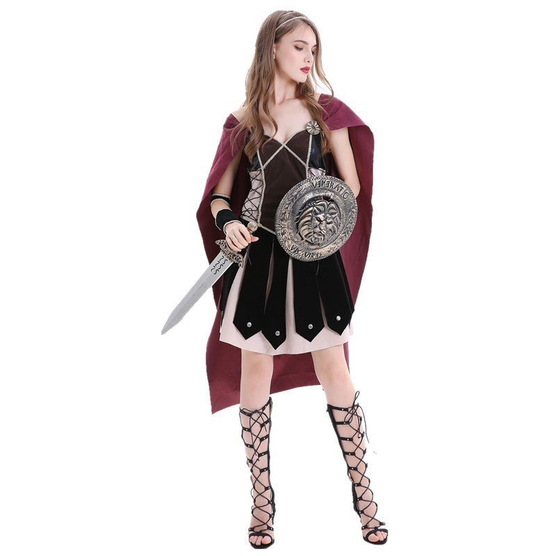 Women’s Gladiator Halloween Costume – Warrior Outfit with Cape, Sword & Shield