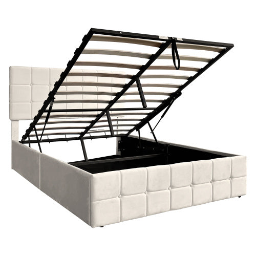 Beige Upholstered Double Bed – Storage Ottoman Bed Frame with Tufted Headboard