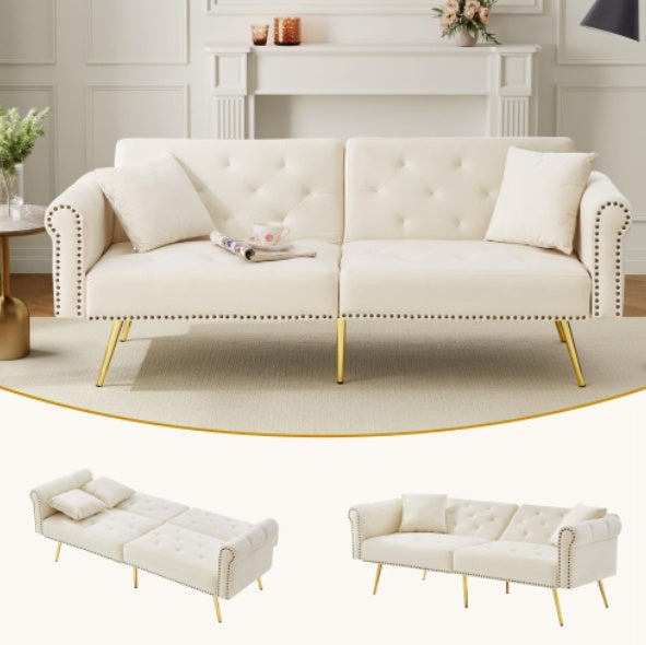 Modern 2 Seater Sofa Bed – Velvet Upholstery with Adjustable Backrest and Gold Legs