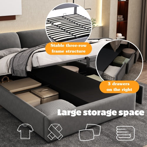 Upholstered King Size Bed with Storage Drawers & Padded Headboard – Grey Velvet Frame