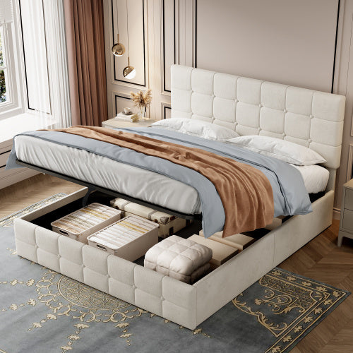 Beige Upholstered Double Bed – Storage Ottoman Bed Frame with Tufted Headboard
