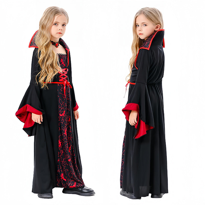 Kids Vampire Witch Halloween Costume – Black & Red Horror Dress for Girls