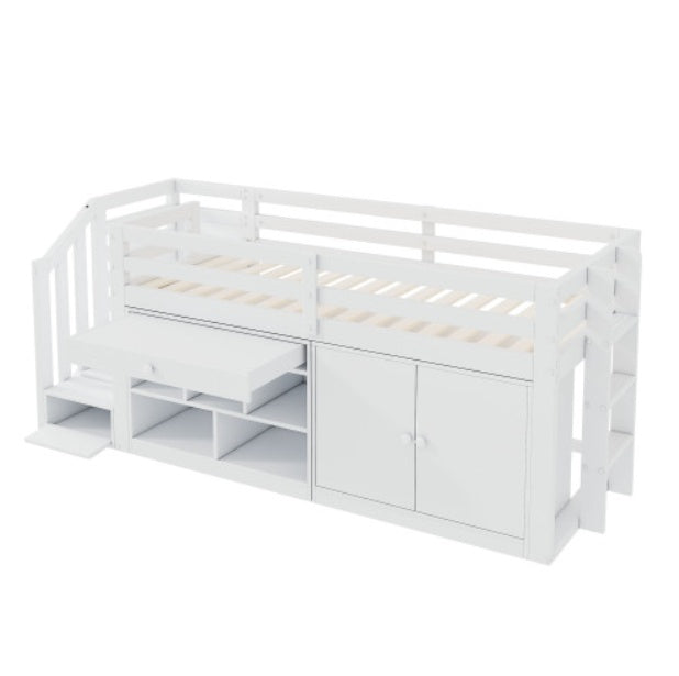Multifunctional Wooden Children’s Bed – White Bunk Bed with Stairs, Storage and Desk