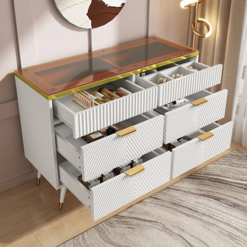White Sideboard Cabinet – Modern 6 Drawer Dresser with Glass Detail for Living Room
