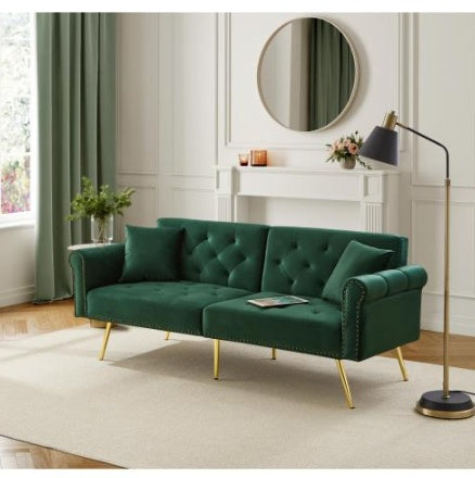 Modern 2 Seater Sofa Bed – Velvet Upholstery with Adjustable Backrest and Gold Legs