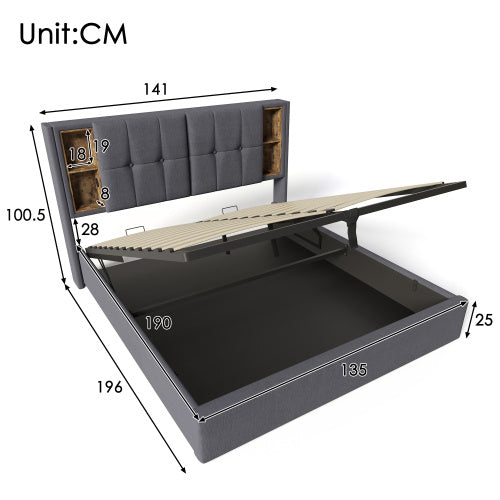 Grey Upholstered Double Bed – Storage Bed Frame with Hydraulic Lift and USB Charging