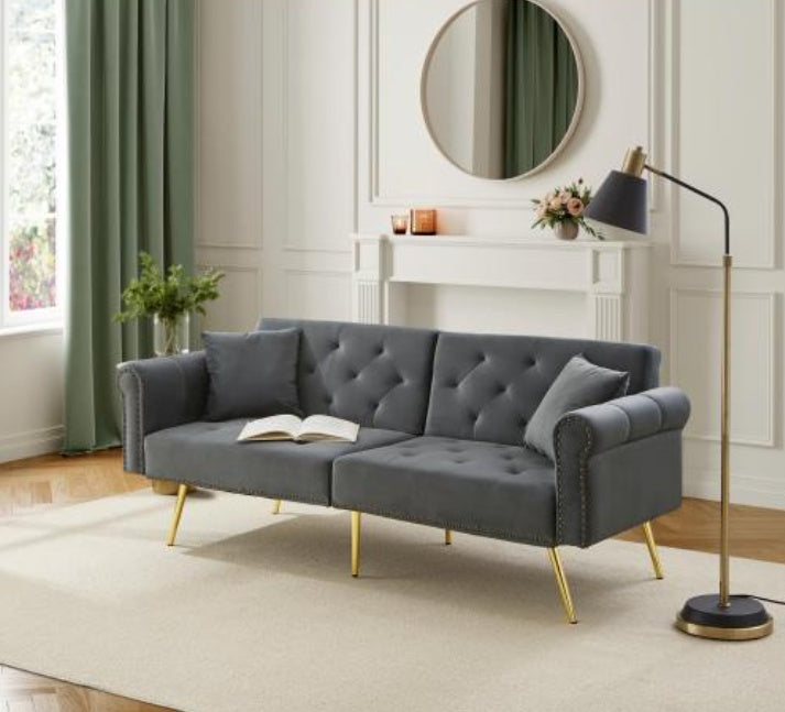 Modern 2 Seater Sofa Bed – Velvet Upholstery with Adjustable Backrest and Gold Legs