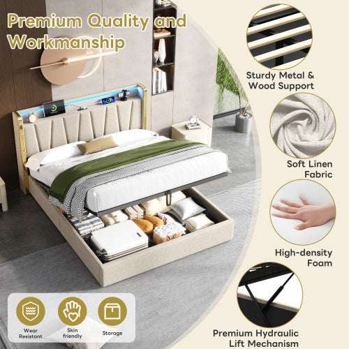 Beige Upholstered Double Bed – Hydraulic Storage Frame with LED Headboard and USB Ports