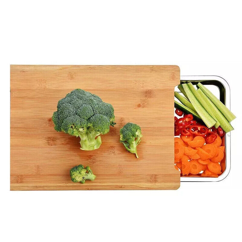 Bamboo Wooden Chopping Board with Sliding Stainless Steel Tray