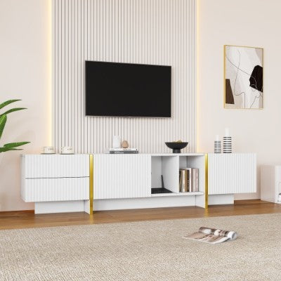 Modern TV Stand for 85 Inch TV – White and Gold Entertainment Center with Storage