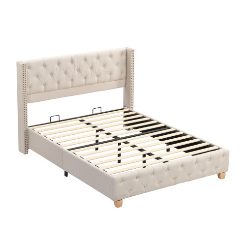 Beige Upholstered Double Bed – Button Tufted Headboard with Wooden Legs