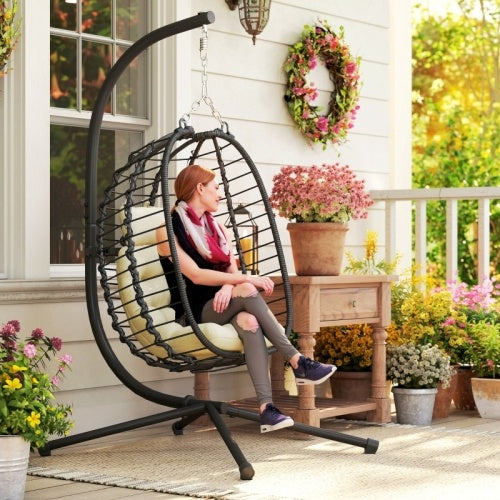 Hanging Egg Chair with Cushion and Stand – Rattan Outdoor Swing Chair