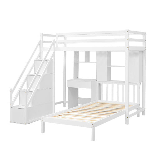 Wooden House Bunk Bed with Desk & Shelves – White Children’s Double Bed Frame