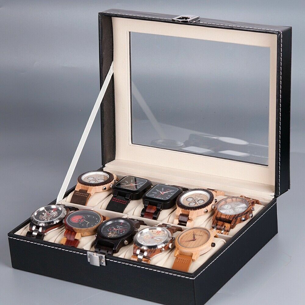 Elegant Leather Watch Box with Lockable Lid Organizer