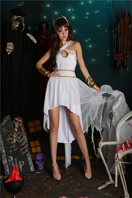 Women’s Greek Goddess Halloween Costume – White Dress with Gold Accessories