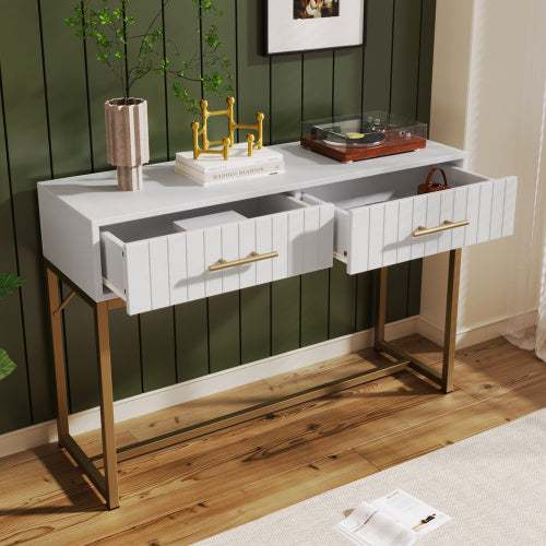 Modern White Dressing Table – Bedroom Chest with 2 Drawers and Gold Legs
