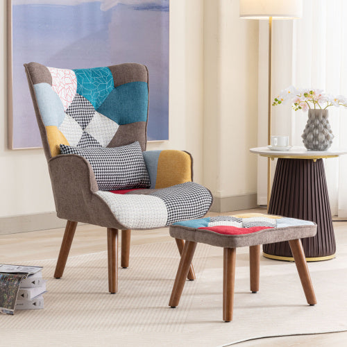 Multicolour Lounge Chair with Footrest – Modern Living Room Armchair & Cushion Set