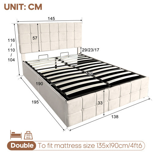 Beige Upholstered Double Bed – Storage Ottoman Bed Frame with Tufted Headboard