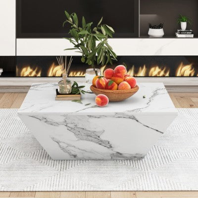 Modern White Marble Coffee Table – Square PVC Veneer Center Table for Living Room