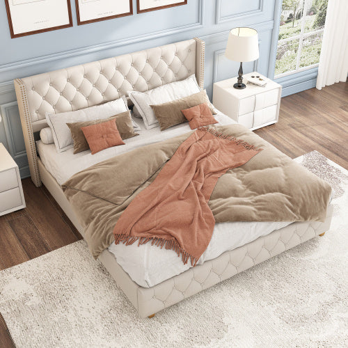 Beige Upholstered Double Bed – Button Tufted Headboard with Wooden Legs