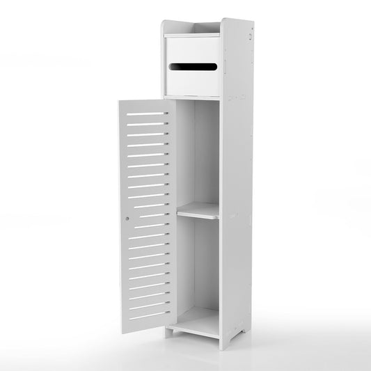 Slim White Wooden Bathroom Storage Cabinet - Toilet Paper Roll Holder with Shutter (UK Stock)