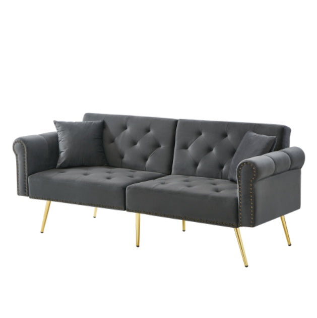 Modern 2 Seater Sofa Bed – Velvet Upholstery with Adjustable Backrest and Gold Legs