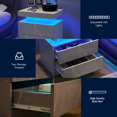 Modern LED Nightstand – Grey and Gold Bedside Table with 2 Drawers