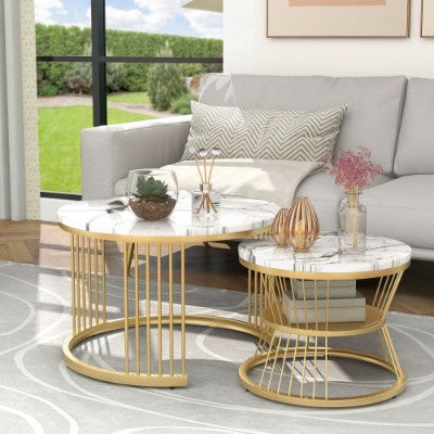 Set of 2 Round Marble Coffee Tables – Modern Nesting Tables with Gold Metal Frame