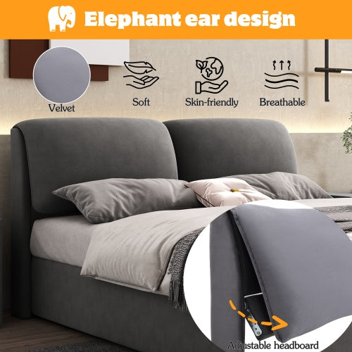 Upholstered King Size Bed with Storage Drawers & Padded Headboard – Grey Velvet Frame