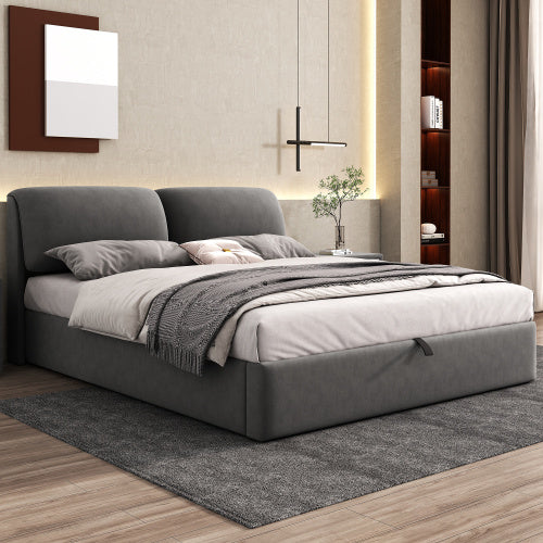 Upholstered King Size Bed with Storage Drawers & Padded Headboard – Grey Velvet Frame