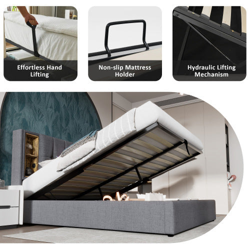 Grey Upholstered Double Bed – Storage Bed Frame with Hydraulic Lift and USB Charging