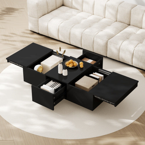 Black High Gloss Coffee Table – Living Room Table with Double Storage Drawers