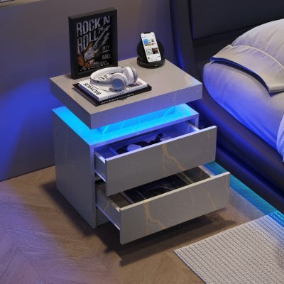 Modern LED Nightstand – Grey and Gold Bedside Table with 2 Drawers