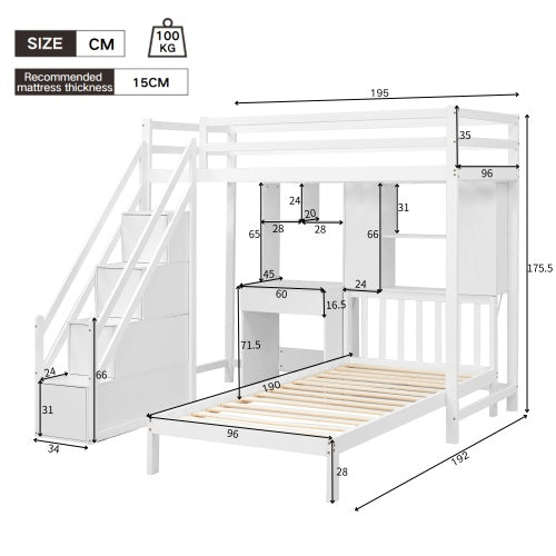Wooden House Bunk Bed with Desk & Shelves – White Children’s Double Bed Frame